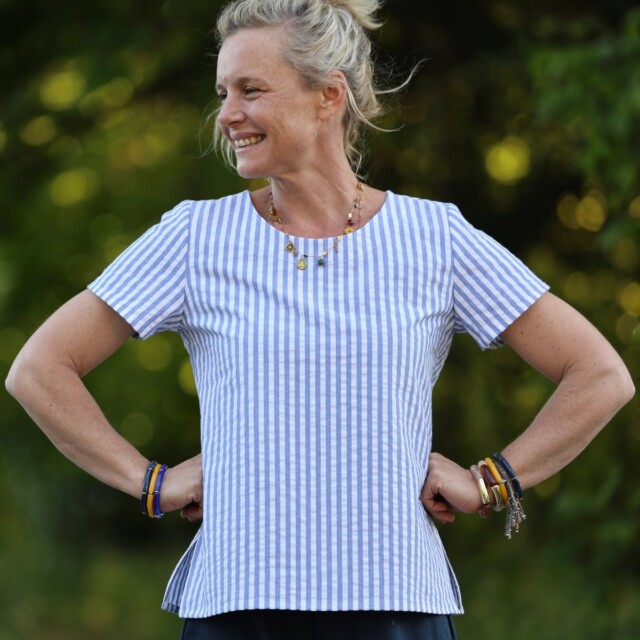 Quintessence - Blouse Emeline seersucker de coton rayé océan – Made in France – 3XL