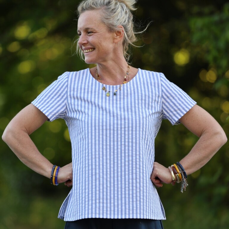 Quintessence - Blouse Emeline seersucker de coton rayé océan – Made in France – 3XL
