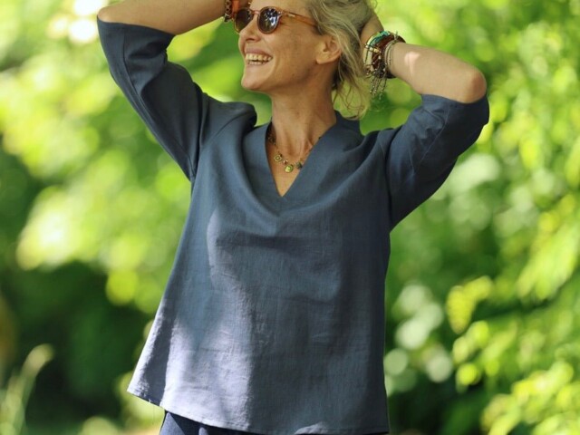 blouse madeleine lin bleu jean 4942675 Quintessence - Blouse Madeleine – Lin bleu jean – XXL