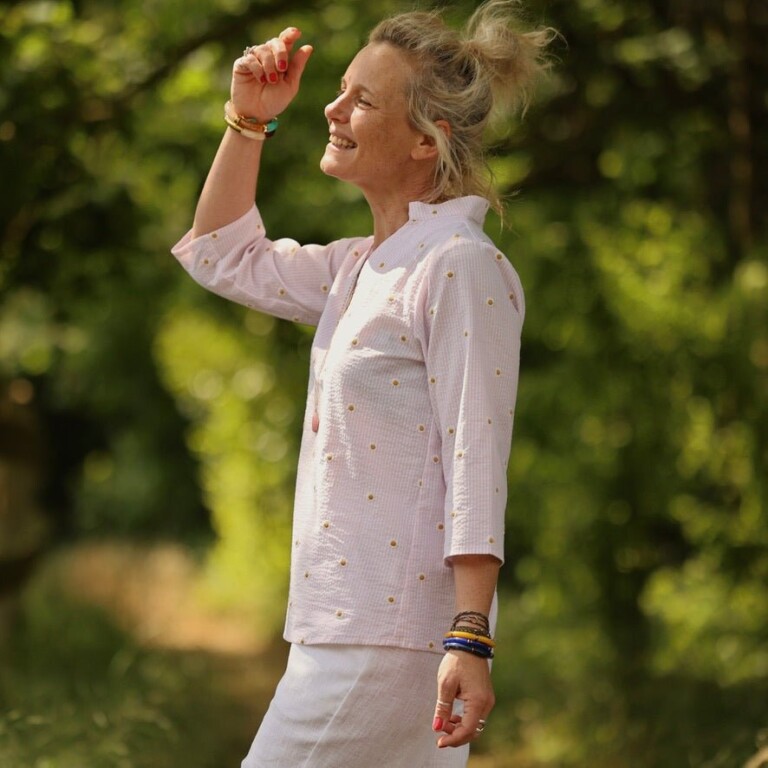 Quintessence - Blouse Madeleine – Seersucker rayé rose & pâquerettes – XXL