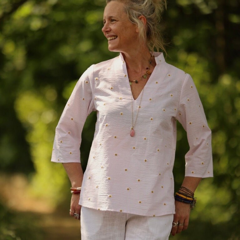 blouse madeleine seersucker raye rose paquerettes 7921894 Quintessence - Blouse Madeleine – Seersucker rayé rose & pâquerettes – XXL
