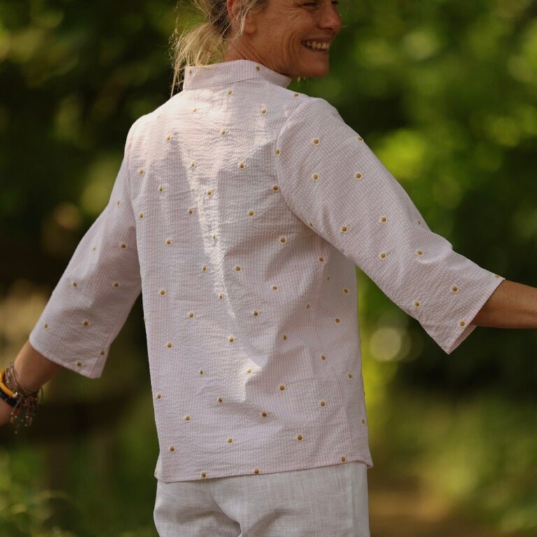 Quintessence - Blouse Madeleine – Seersucker rayé rose & pâquerettes – XXL