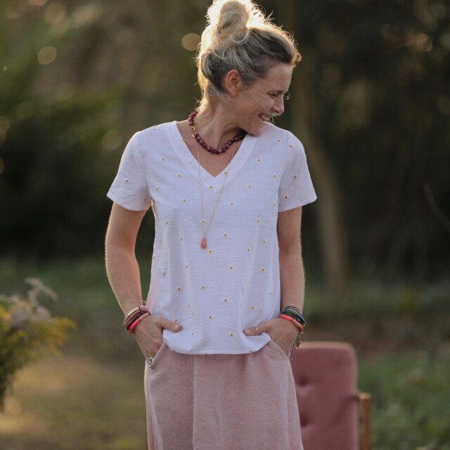 Meta SS25 - Blouse Nila - Seersucker rayé rose & pâquerettes – S