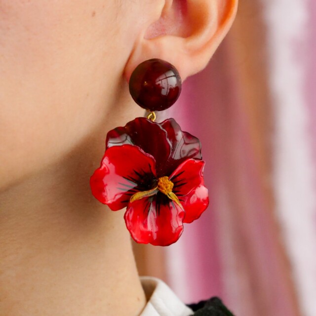 Ciléa Bijoux - Boucle d'oreille pendante Pensée viola - Grande – Rouge clair / Clips