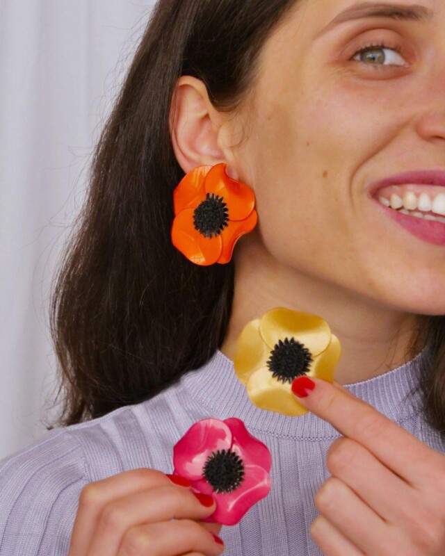 Ciléa Paris - Boucles d'oreilles courtes Anémone - Grandes – Dormeuse (Oreilles percées) / Noir
