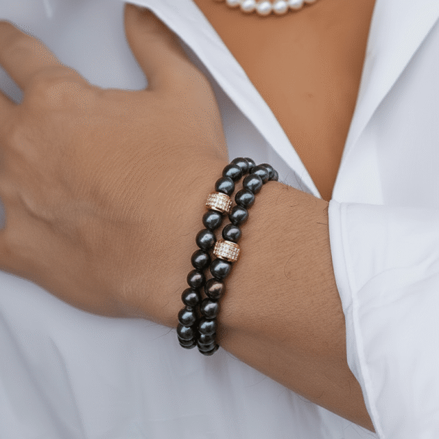 NEIJE - Bracelet Swann Perles d'eau douce Noires Or Blanc – XL (poignet de 19 à 21 cm)