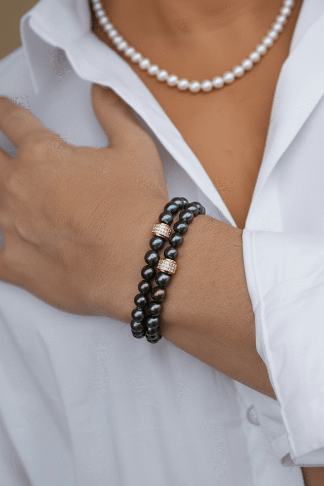 NEIJE - Bracelet Swann Perles d'eau douce Noires Or Blanc – XL (poignet de 19 à 21 cm)