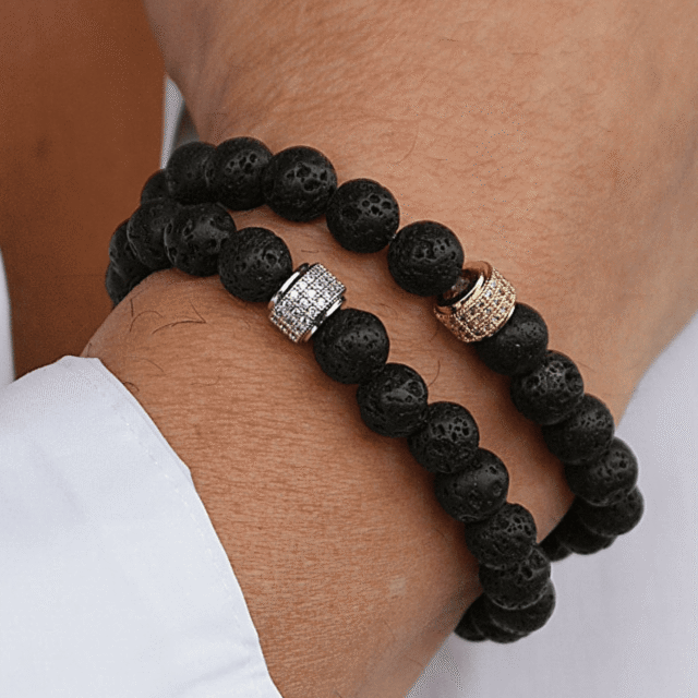 NEIJE - Bracelet Achille Pierre de Lave Or Blanc – XL (poignet de 19 à 21 cm)