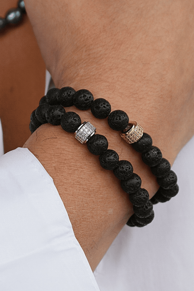 NEIJE - Bracelet Achille Pierre de Lave Or Blanc – XL (poignet de 19 à 21 cm)