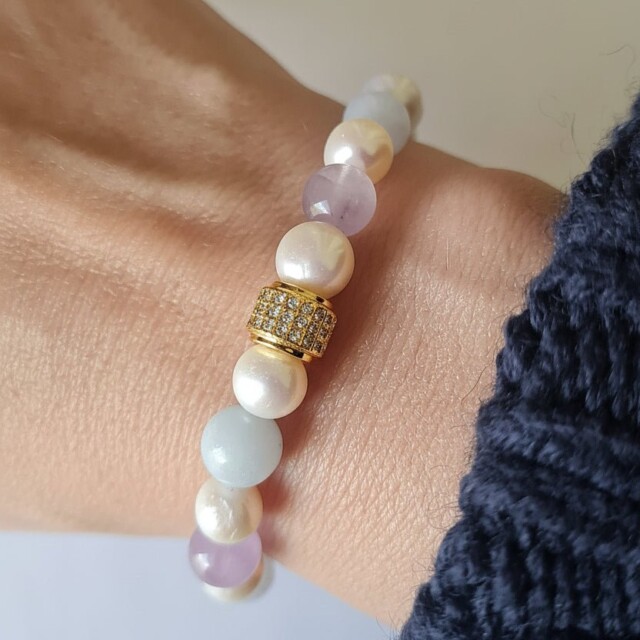 NEIJE - Bracelet Candy Perles d'eau douce Aigue Marine et Kunzite – Plaqué Or Blanc / XL (poignet de 19 à 21 cm)