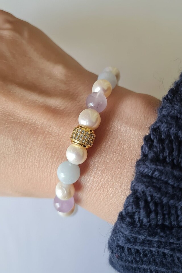 NEIJE - Bracelet Candy Perles d'eau douce Aigue Marine et Kunzite – Plaqué Or Blanc / XL (poignet de 19 à 21 cm)