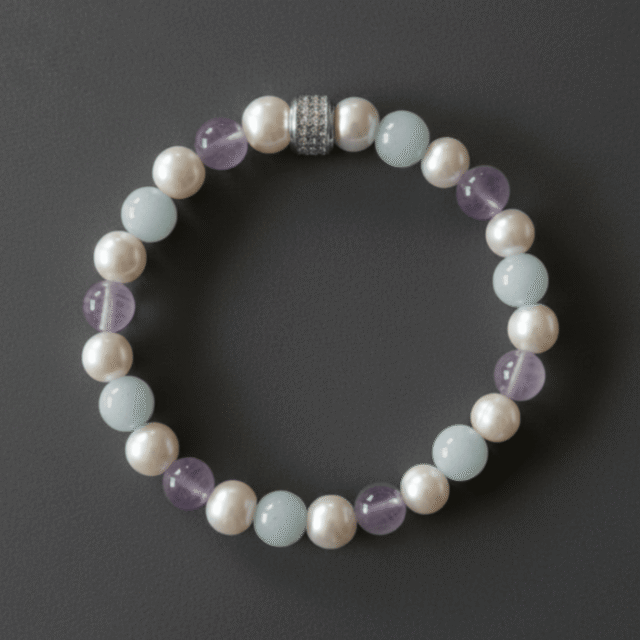 NEIJE - Bracelet Candy Perles d'eau douce Aigue Marine et Kunzite – Plaqué Or Blanc / XL (poignet de 19 à 21 cm)