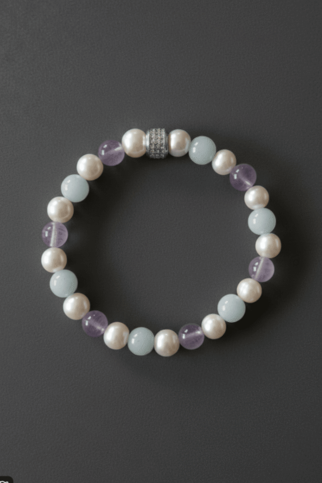 NEIJE - Bracelet Candy Perles d'eau douce Aigue Marine et Kunzite – Plaqué Or Blanc / XL (poignet de 19 à 21 cm)