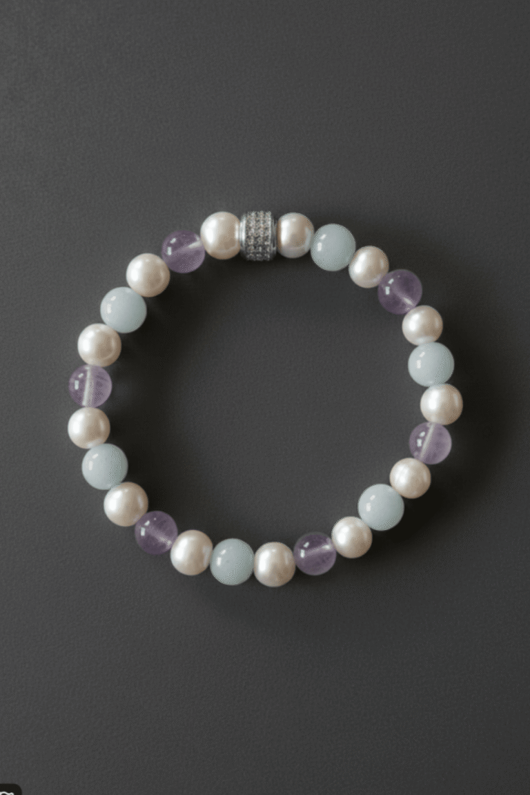 NEIJE - Bracelet Candy Perles d'eau douce Aigue Marine et Kunzite – Plaqué Or Blanc / XL (poignet de 19 à 21 cm)