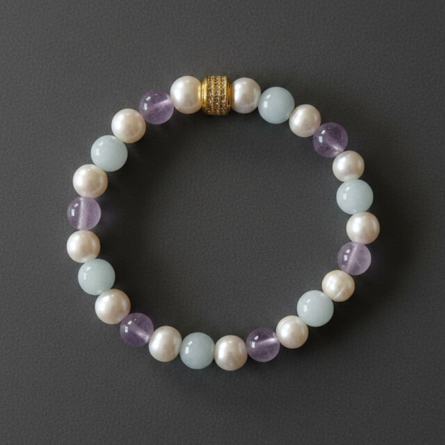 NEIJE - Bracelet Candy Perles d'eau douce Aigue Marine et Kunzite – Plaqué Or Blanc / XL (poignet de 19 à 21 cm)