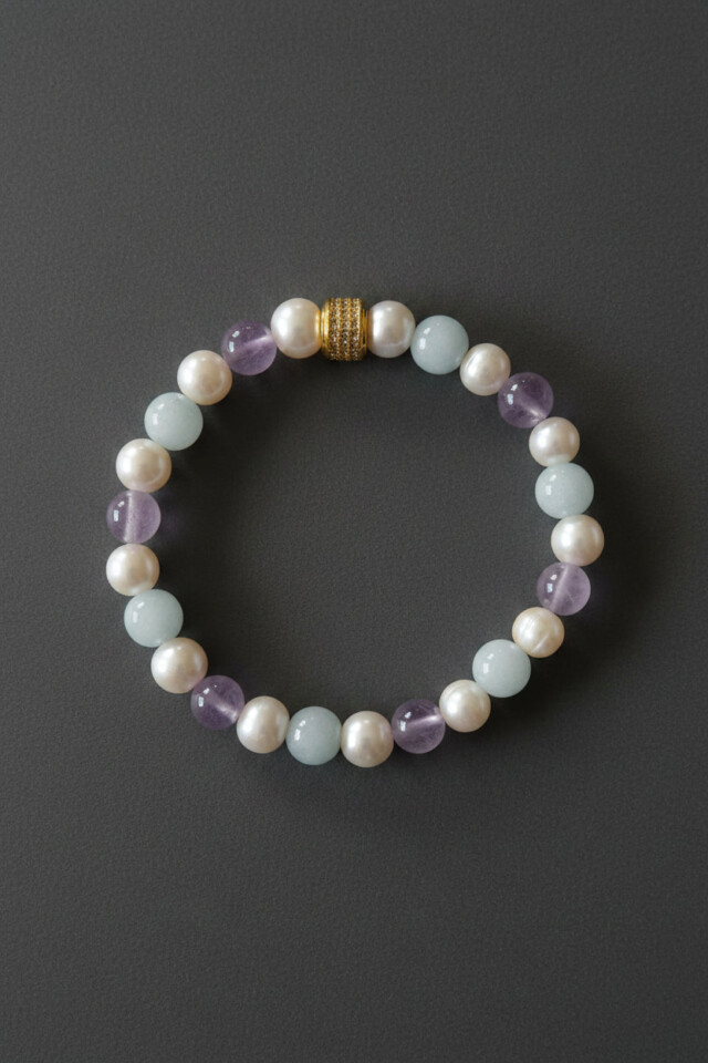 NEIJE - Bracelet Candy Perles d'eau douce Aigue Marine et Kunzite – Plaqué Or Blanc / XL (poignet de 19 à 21 cm)