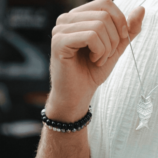 NEIJE - Bracelet Lucky Onyx Or Blanc – XL (poignet de 19 à 21 cm)