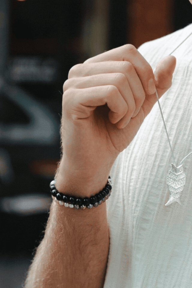 NEIJE - Bracelet Lucky Onyx Or Blanc – XL (poignet de 19 à 21 cm)