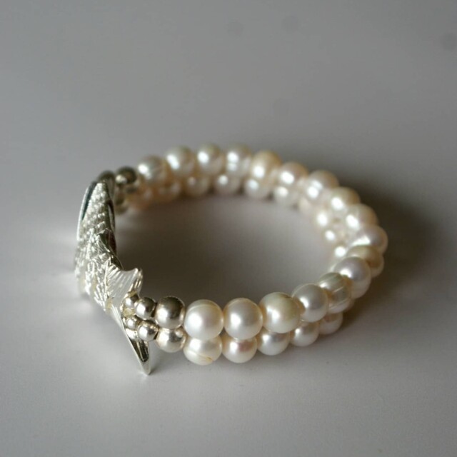 NEIJE - Bracelet Poisson Gefilte Perles de Culture Blanches et Argent – L (poignet de 17 à 19 cm)