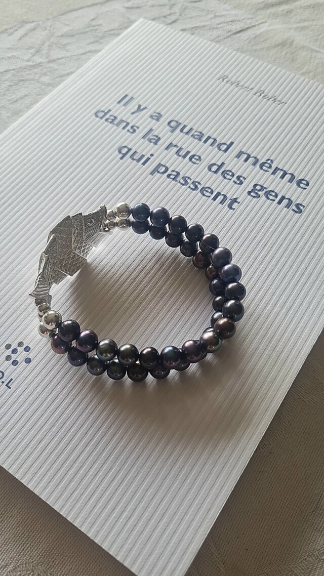 NEIJE - Bracelet Poisson Gefilte Perles de Culture Noires et Argent – L (poignet de 17 à 19 cm)