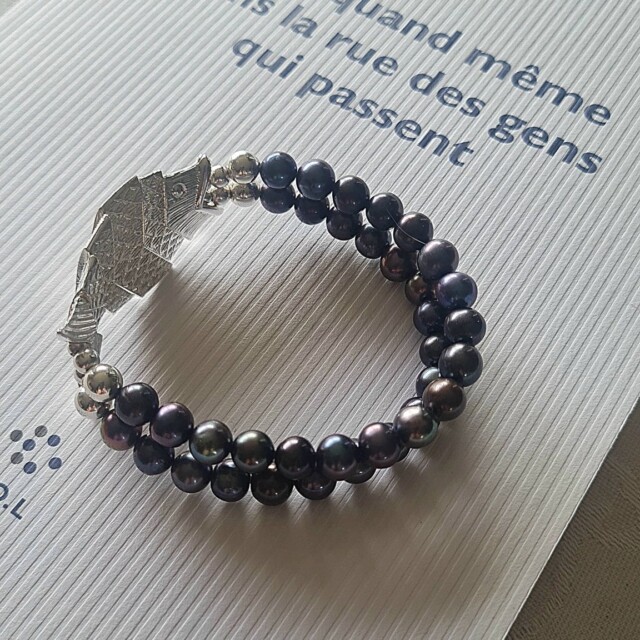 NEIJE - Bracelet Poisson Gefilte Perles de Culture Noires et Argent – L (poignet de 17 à 19 cm)