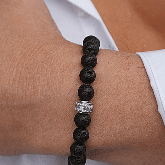 NEIJE - Bracelet Achille Pierre de Lave Or Blanc – XL (poignet de 19 à 21 cm)