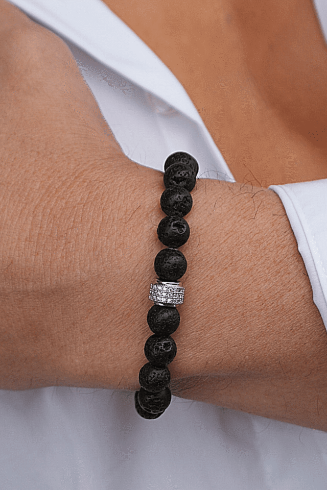 NEIJE - Bracelet Achille Pierre de Lave Or Blanc – XL (poignet de 19 à 21 cm)
