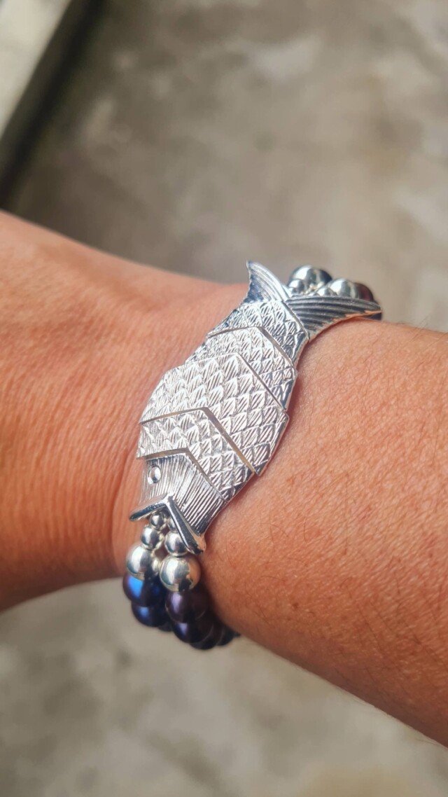 NEIJE - Bracelet Poisson Gefilte Perles de Culture Noires et Argent – L (poignet de 17 à 19 cm)