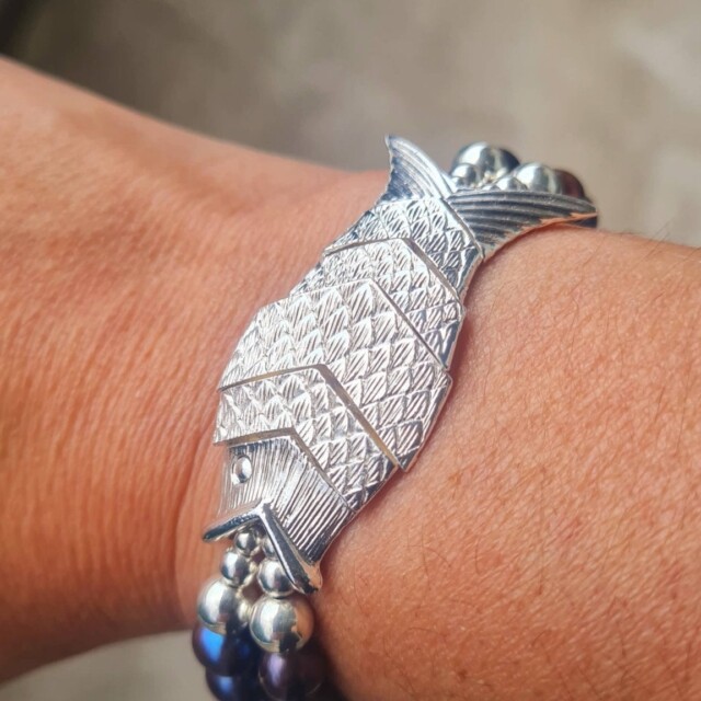 NEIJE - Bracelet Poisson Gefilte Perles de Culture Noires et Argent – L (poignet de 17 à 19 cm)