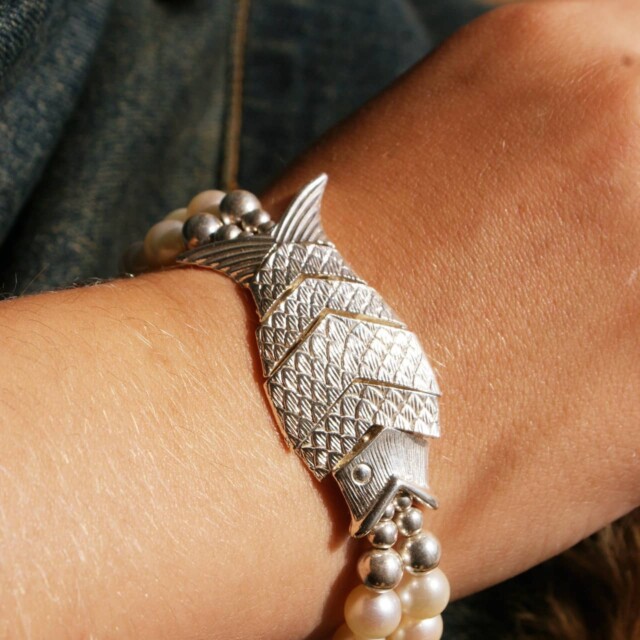 NEIJE - Bracelet Poisson Gefilte Perles de Culture Blanches et Argent – L (poignet de 17 à 19 cm)