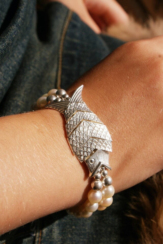 NEIJE - Bracelet Poisson Gefilte Perles de Culture Blanches et Argent – L (poignet de 17 à 19 cm)