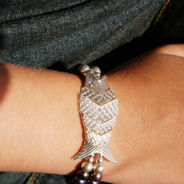 NEIJE - Bracelet Poisson Gefilte Perles de Culture Noires et Argent – L (poignet de 17 à 19 cm)