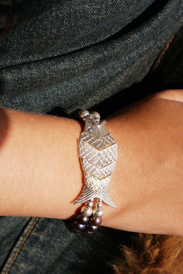 NEIJE - Bracelet Poisson Gefilte Perles de Culture Noires et Argent – L (poignet de 17 à 19 cm)