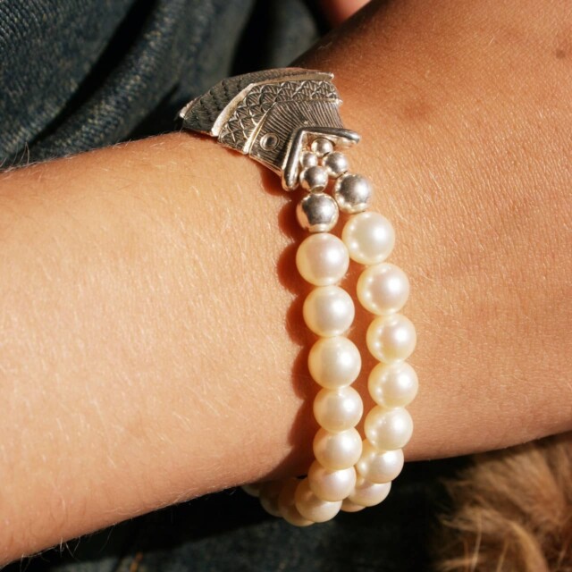 NEIJE - Bracelet Poisson Gefilte Perles de Culture Blanches et Argent – L (poignet de 17 à 19 cm)