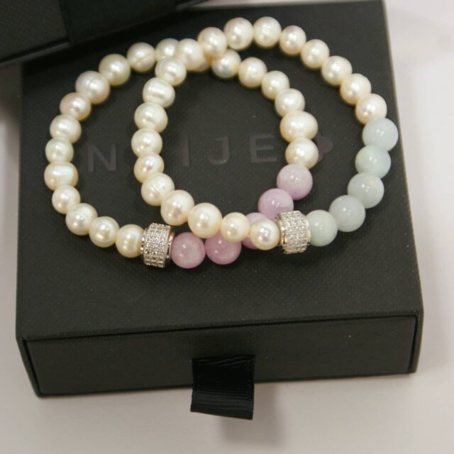 NEIJE - Bracelet Candy Geometric Perles Aigue Marine Or Blanc – XL (poignet de 19 à 21 cm)