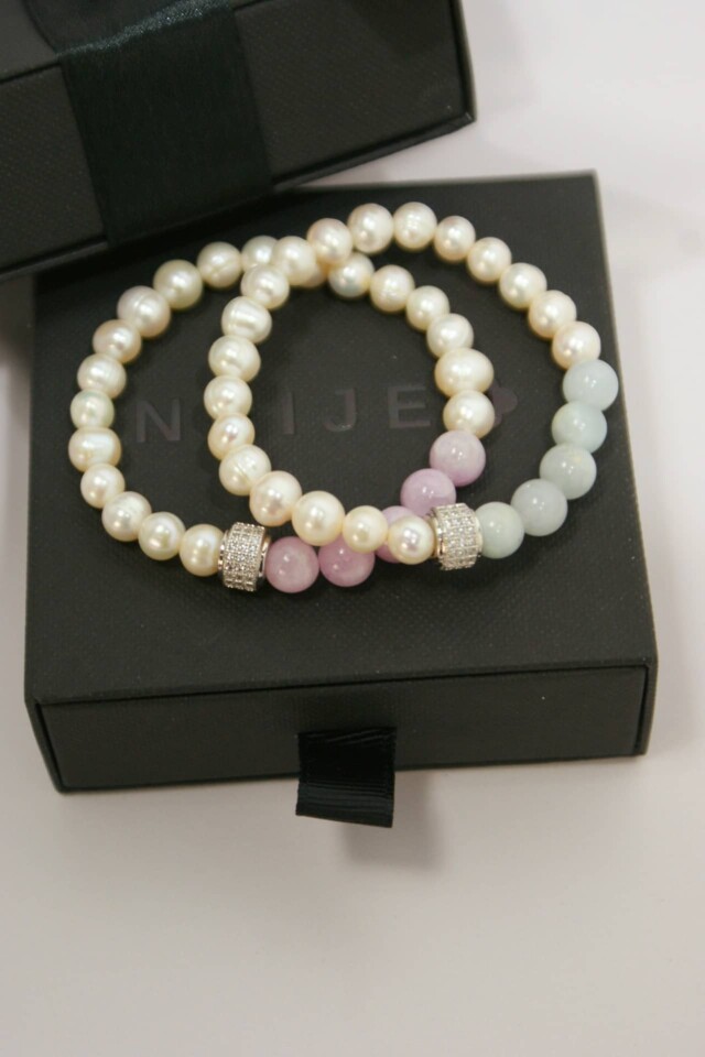 NEIJE - Bracelet Candy Geometric Perles Aigue Marine Or Blanc – XL (poignet de 19 à 21 cm)