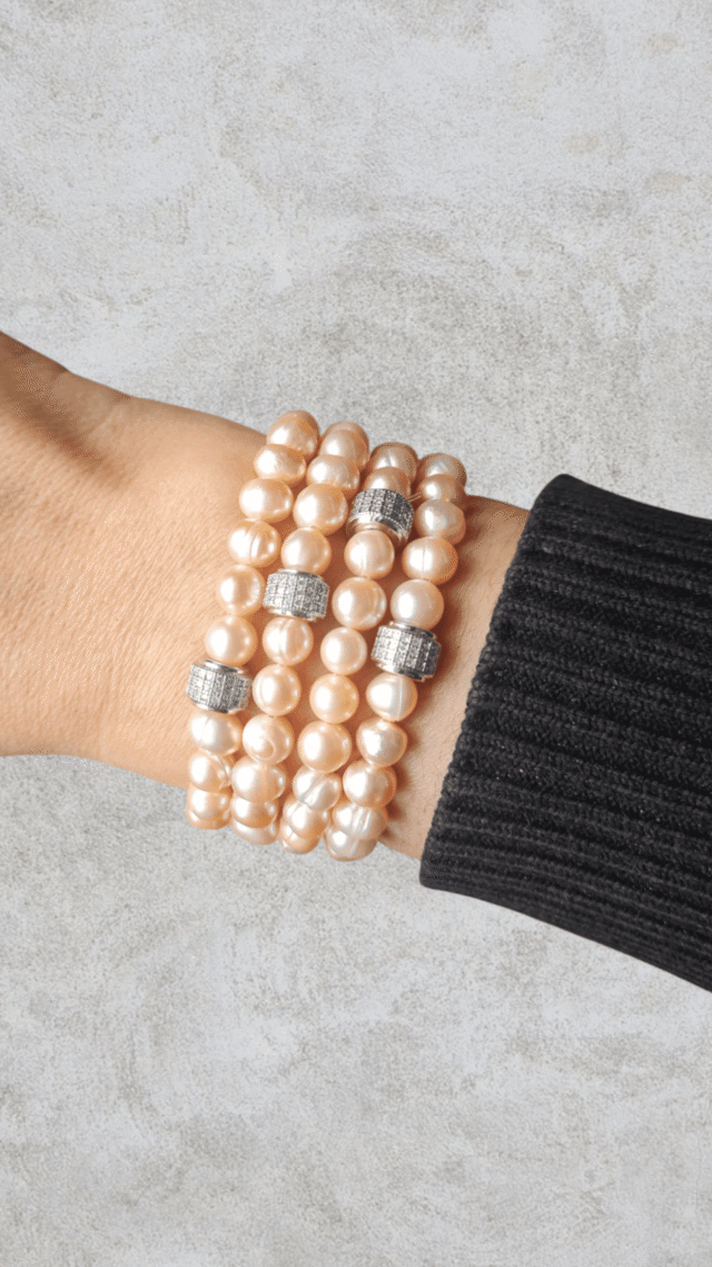 NEIJE - Parure Collier + Bracelet Perles d'eau douce Roses – Plaqué Or Jaune / XL (poignet de 19 à 21 cm) / 50 cm