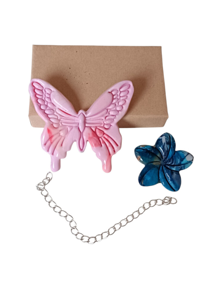 L’Atelier de Patricia - Broche Papillon & Fleur – Rose et bleu