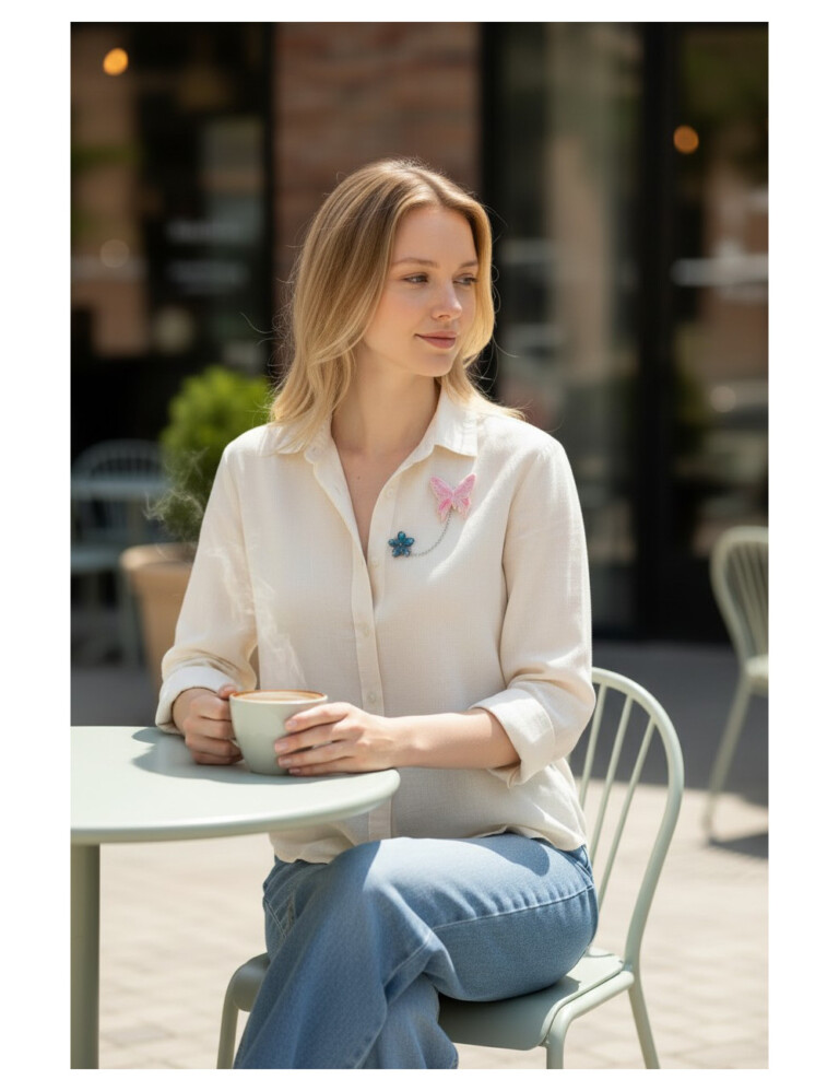 L’Atelier de Patricia - Broche Papillon & Fleur – Rose et bleu
