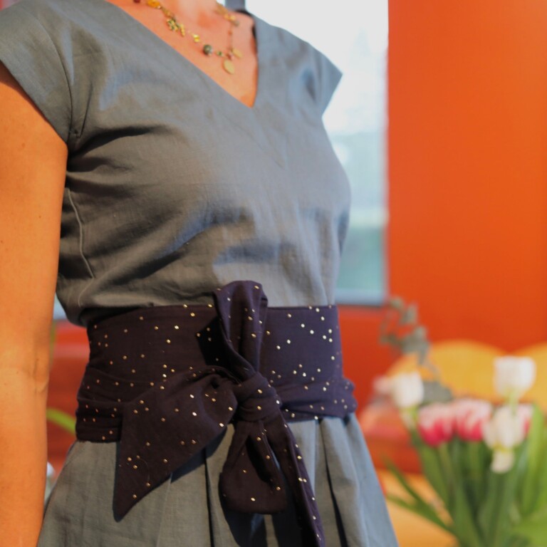 ceinture anita double gaze de coton bleu nuit plumetis or 5768533 Quintessence - Ceinture Anita double gaze de coton bleu nuit plumetis or