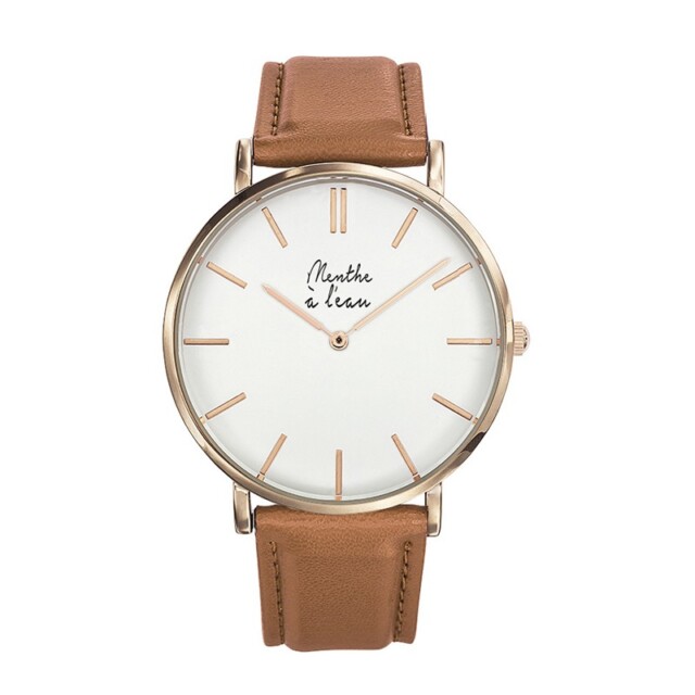 Menthe à l'eau - Coffret Montre Véritable Femme et Homme Bracelet Cuir Camel fond