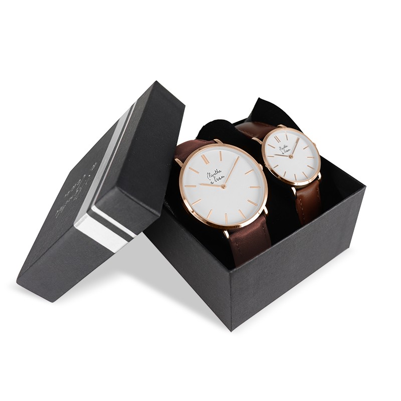 coffret montre veritable femme et homme bracelet cuir camel fond blanc rose doree Menthe à l'eau - Coffret Montre Véritable Femme et Homme Bracelet Cuir Camel fond