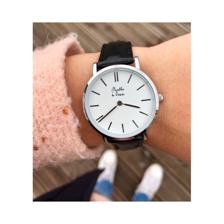 Menthe à l'eau - Coffret Montre Véritable Femme et Homme Bracelet Cuir Noir fond