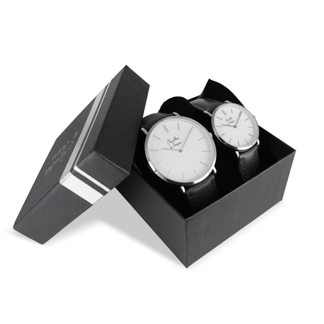 Menthe à l’eau - Coffret Montre Véritable Femme et Homme Bracelet Cuir Noir fond