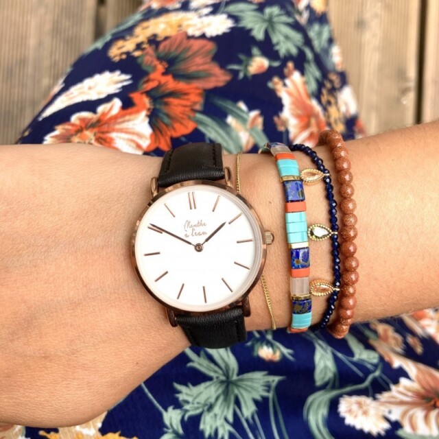 Menthe à l'eau - Coffret Montre Véritable Femme et Homme Bracelet Cuir Noir fond
