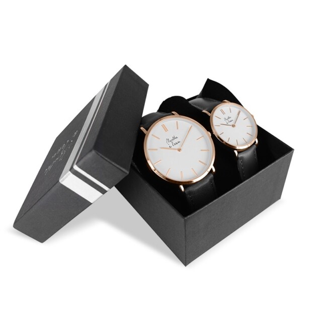 Menthe à l’eau - Coffret Montre Véritable Femme et Homme Bracelet Cuir Noir fond