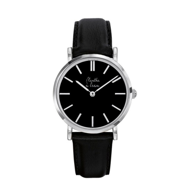 Menthe à l'eau - Coffret Montre Véritable Femme et Homme Bracelet Cuir Noir fond noir