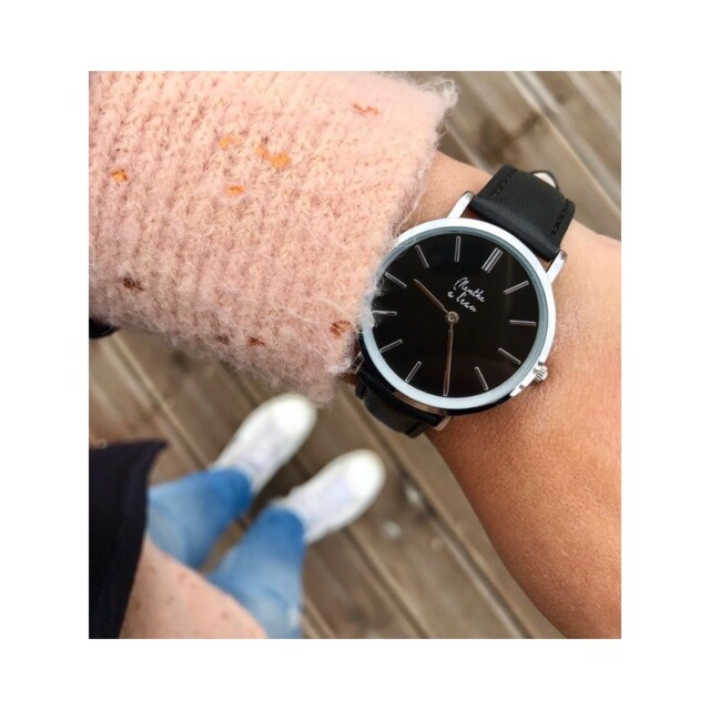 Menthe à l'eau - Coffret Montre Véritable Femme et Homme Bracelet Cuir Noir fond noir