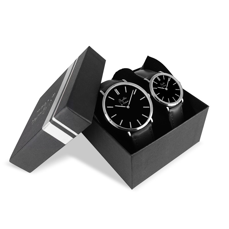 coffret montre veritable femme et homme bracelet cuir noir fond noir chrome Menthe à l'eau - Coffret Montre Véritable Femme et Homme Bracelet Cuir Noir fond noir
