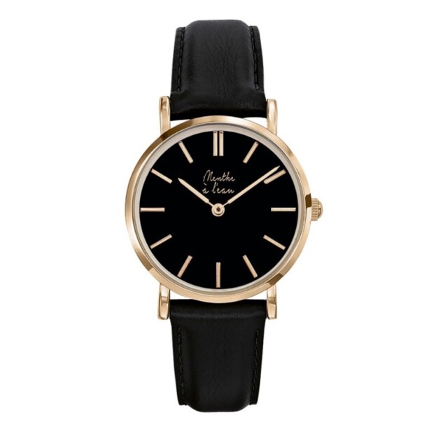 Menthe à l'eau - Coffret Montre Véritable Femme et Homme Bracelet Cuir Noir fond noir